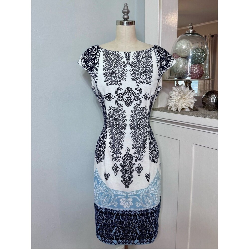 London Times Blue and White Paisley Printed Sheath Dress Size 8